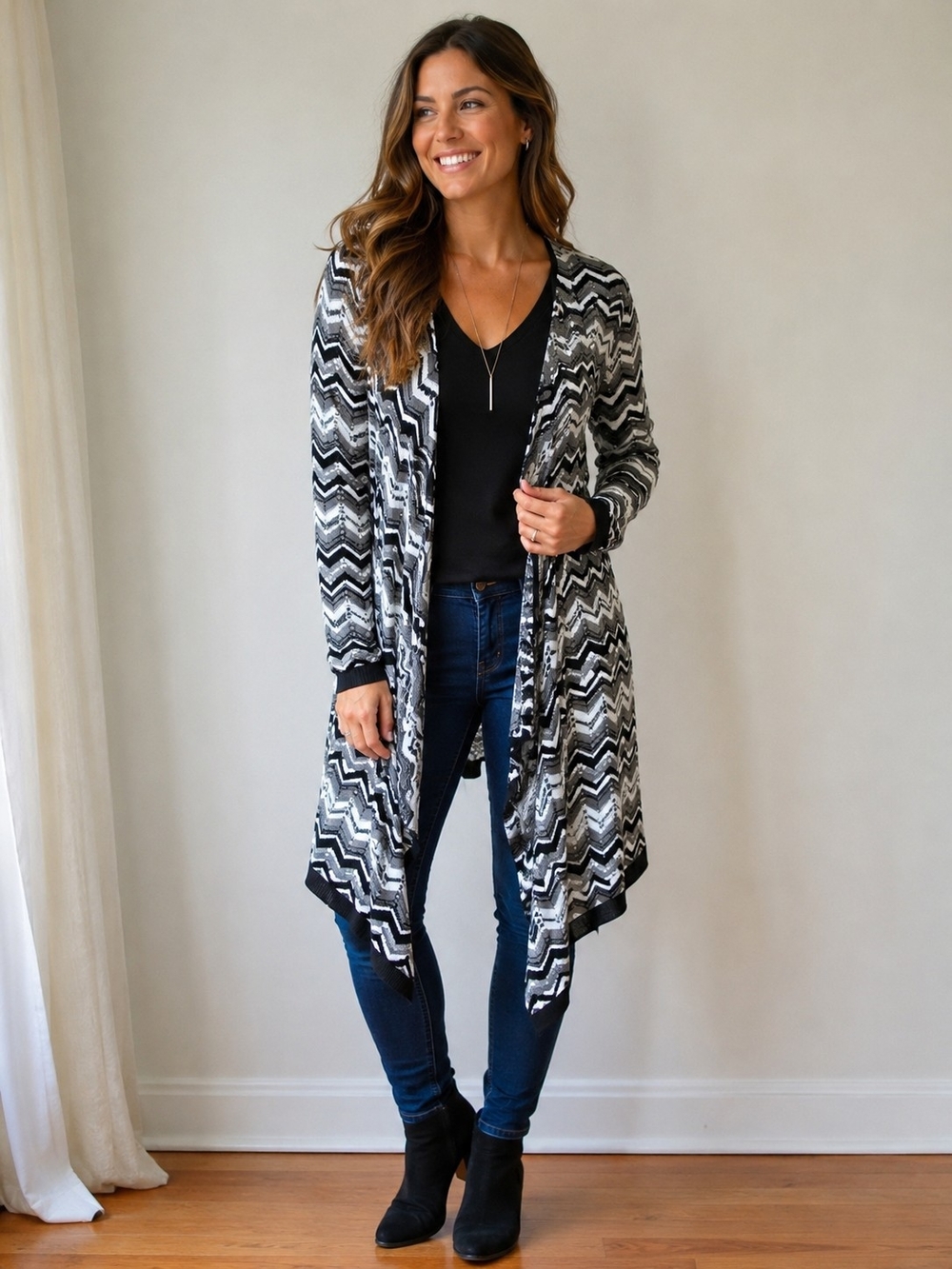 Fenn Wright Manson Black White Chevron Open-Front Waterfall Cardigan Women Large